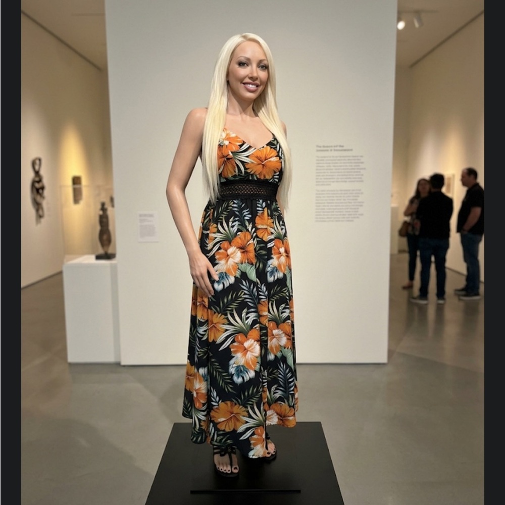 Boho Tropical Hibiscus Floral Maxi Dress – Black & Orange Palm Print M